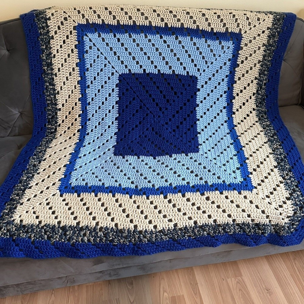 Vintage Hand Made Crochet Granny Square Afghan Throw Blanket 45”x45” Blues Tan